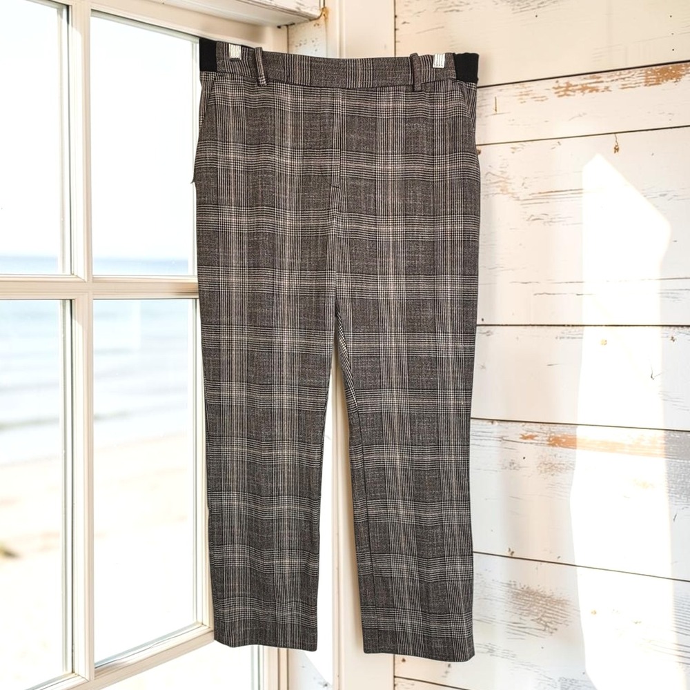 Plaid Ankle Pants H&M 12 Brown Grey Poly Viscose Glen Check Trousers Preppy Mod